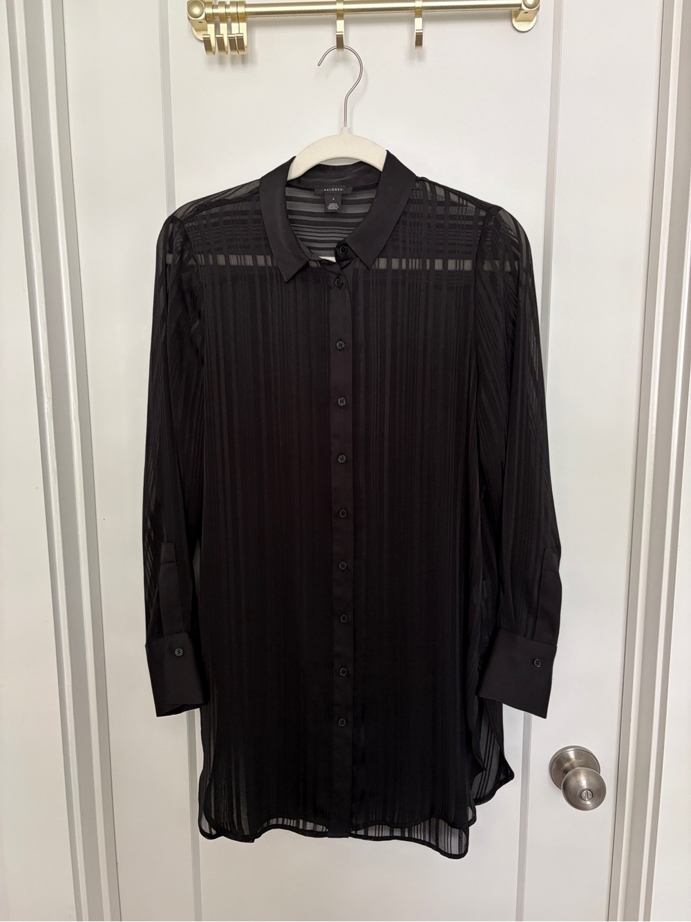 Halogen Black Sheer Tonal Stripe Button-Up Tunic Shirt S